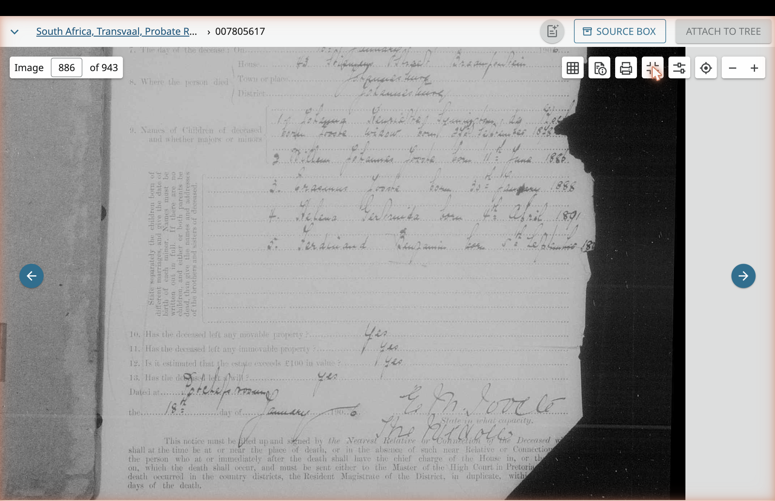 Zoomed view of the lower portion of the Death Notice, showing the children's names and birth dates, and the declarant's attestation.
